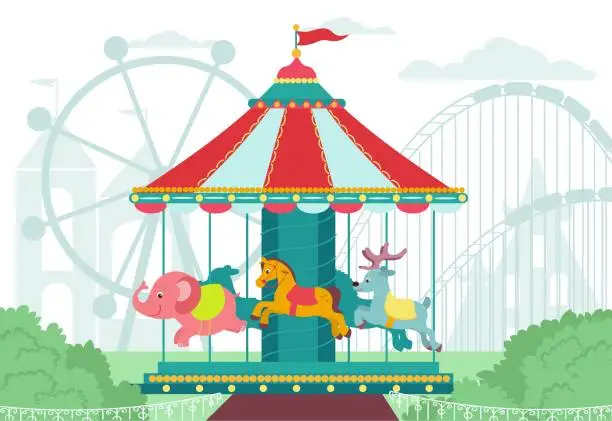 Vector illustration of Beautiful children carousel at city amusement park. Carnival entertainment equipment with horse and elephant. Boys and girls leisure at playground. Cartoon flat isolated vector concept