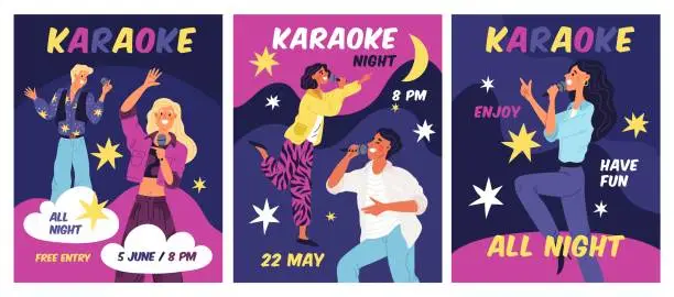 Vector illustration of Karaoke club visitors cards. Happy friends have fun at music bar, people singing songs into microphone, vocal competition, greeting poster design, cartoon flat isolated garish vector set