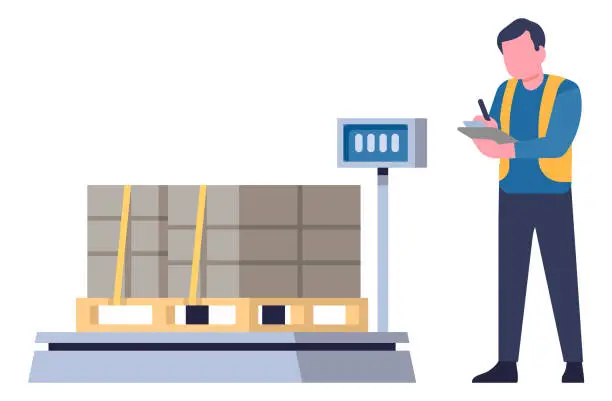 Vector illustration of Logistics cargo. Warehouse worker weighs cardboard boxes. Shipping and delivery in storehouse. Crates on scales. Goods on pallets. Cartoon flat isolated vector delivery illustration