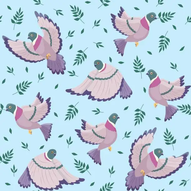 Vector illustration of Seamless pattern with flying doves. Urban birds with green leaves. Flying animal in different poses. Funny print for fabric. Decor textile, wrapping paper, wallpaper design. Vector concept