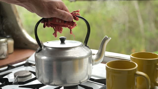Boiling, water and hands with kettle on stove for coffee, tea and hot beverage preparation for breakfast in kitchen. Home, boiler and person with appliance for heat, steam or liquid in cup in morning