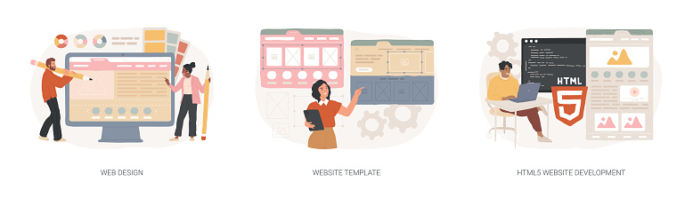 Website building service isolated concept vector illustration set. Web design, website template, HTML5 development, landing page, interface, user experience, constructor platform vector concept.