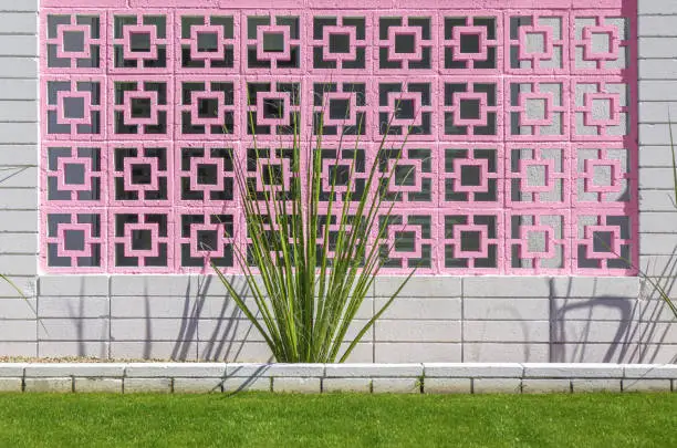 Retro breeze block wall with cactus plant in Palm Springs, California