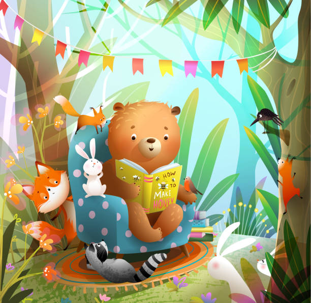 illustrazioni stock, clip art, cartoni animati e icone di tendenza di orso leggi il libro nella foresta la natura e gli animali ascoltano - bear teddy bear characters hand drawn