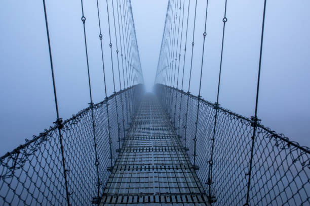 istock Foggy freezing winter morning, suspension bridge. 1953724210
