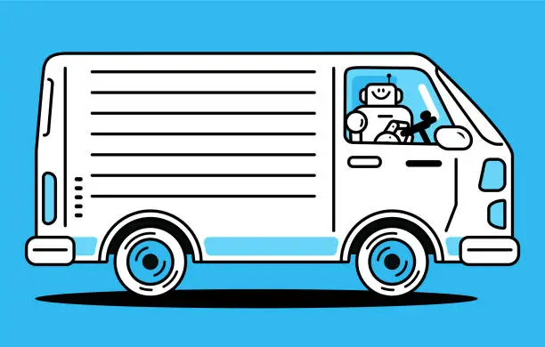 Vector illustration of An Artificial Intelligence Robot driving a delivery van, Autonomous Delivery Revolution, Efficiency and Precision in Delivery, The Future of Last-Mile Delivery