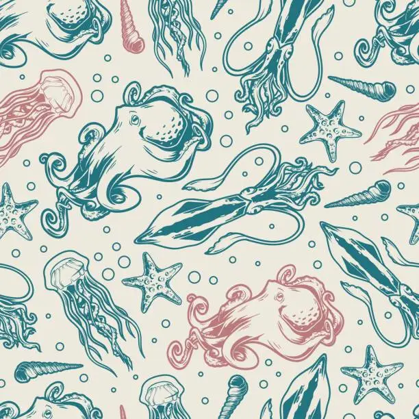 Vector illustration of Ocean animals pattern seamless colorful