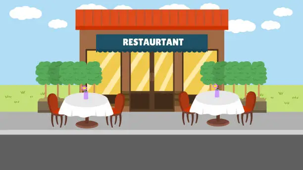 Vector illustration of The restaurant building has chairs for sitting in front of the shop