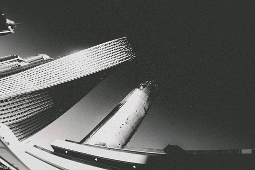 Black and White retro styled abstract image of Dubai's modern residential skyscrapers