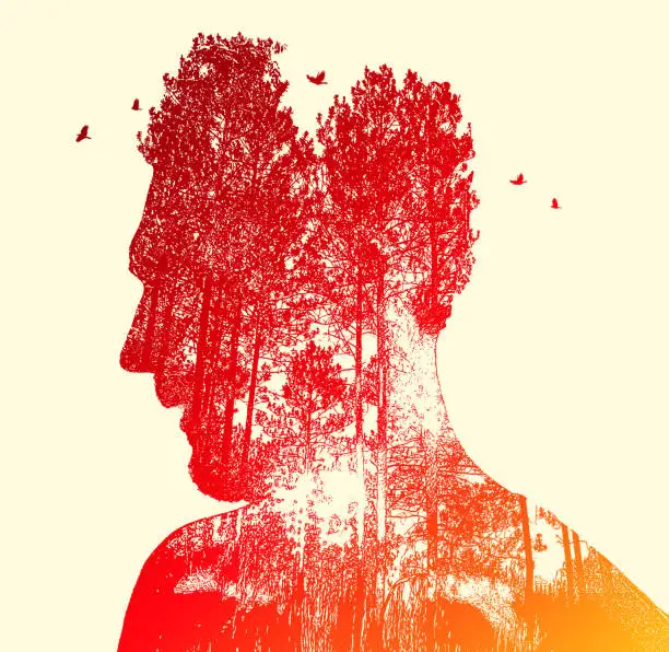 Vector illustration of Multiple Exposure of young man and nature