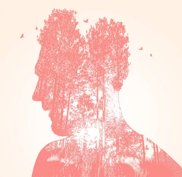 Vector illustration of Multiple Exposure of young man and nature