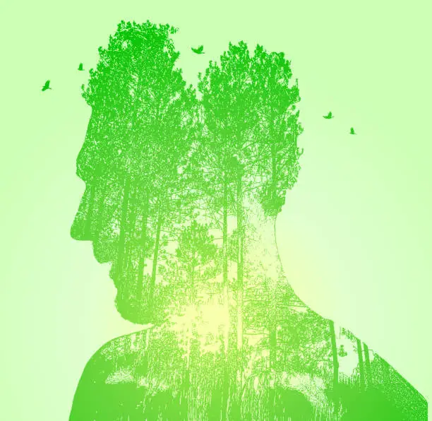 Vector illustration of Multiple Exposure of young man and nature