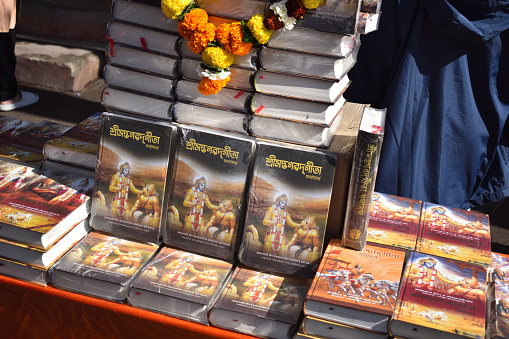 Shrimad Bhagwat Geeta  book kept on display during a rally of followers of ISKCON society celebrating for Pran Pratistha  ceremony of idol of Ram Lalla