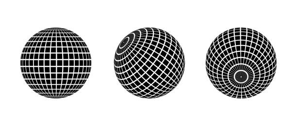 ilustrações, clipart, desenhos animados e ícones de black disco ball set. collection of wireframe spheres in different angles. grid globe or planet bundle. outline mirrorball element pack for poster, banner, music cover, party. vector illustration - disco ball 1970s style 1980s style nightclub