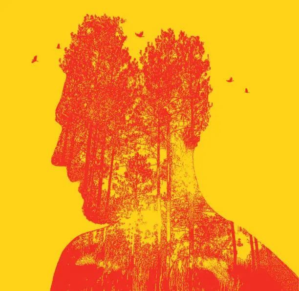 Vector illustration of Multiple Exposure of young man and nature
