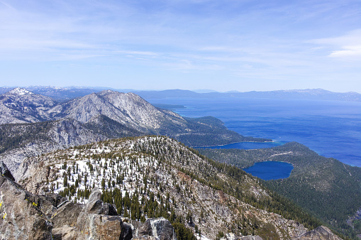 Views of Mt. Tallac, Cascade Lake, Emerald Bay, and South Lake Tahoe via Mt. Tallac Trail. South Lake Tahoe, El Dorado County, California, USA.