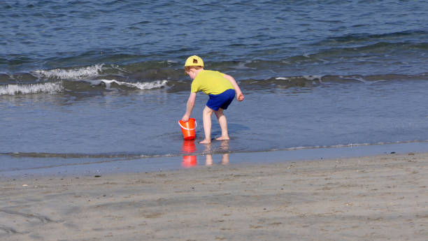 boy and girl show shell in hand hold on beach playing in summet