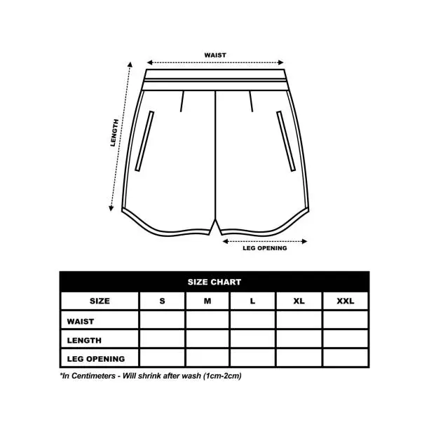 Vector illustration of Short Pants Size Chart, sweat Shorts fashion flat template, Sportswear unisex chart size