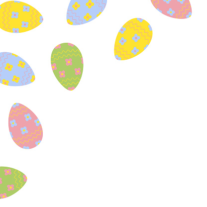 Abstract corner frame of Ester Eggs with top border in trendy soft hues. Copy space. Ester greetings. Isolate. EPS. Vector design concept for cards, posters, banners, promo or web, price tag, label