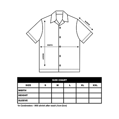 Men's short sleeves military shirt Size Chart. Workshirt black. Short sleeve work shirt. technical drawing fashion flat sketch vector illustration