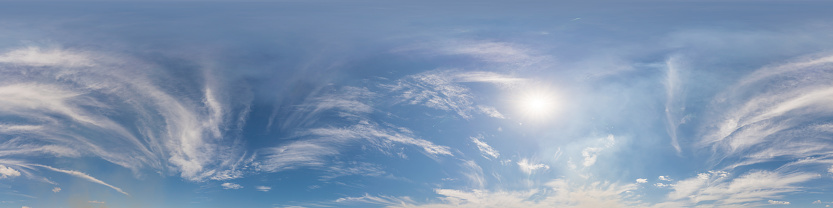 Sky panorama with Cirrus clouds in Seamless spherical equirectangular format. Full zenith for use in 3D graphics, game and editing aerial drone 360 degree panoramas for sky replacement