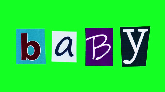 Editable word baby in stop motion animation against green screen background