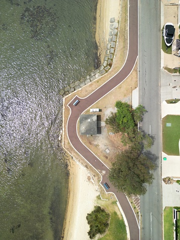 Drone shot of bike path next to road, Bicton, Perth, Western Australia