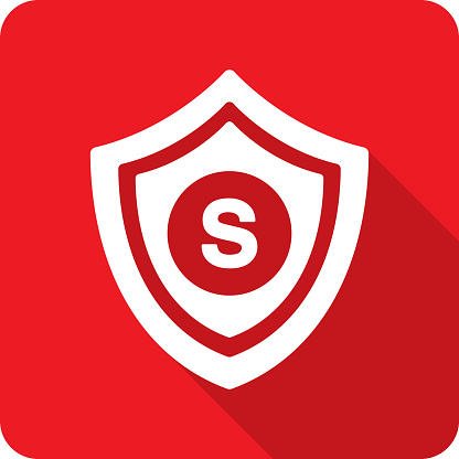 Vector illustration of a shield with small size icon against a red background in flat style.