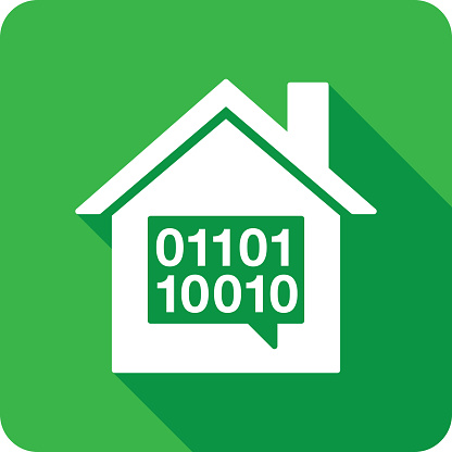 Vector illustration of a house and speech bubble with ones and zeros icon against a green background in flat style.