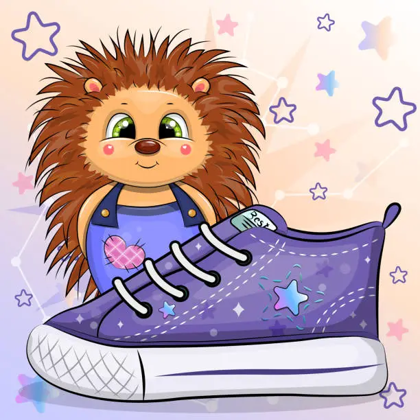 Vector illustration of A cute cartoon hedgehog with a sneaker.