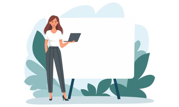 Print Flat vector illustration. Woman standing next to a large banner and holding a laptop, online presentation. Presentation and banner for a web site. Place for your text on the banner awards ceremony stock illustrations