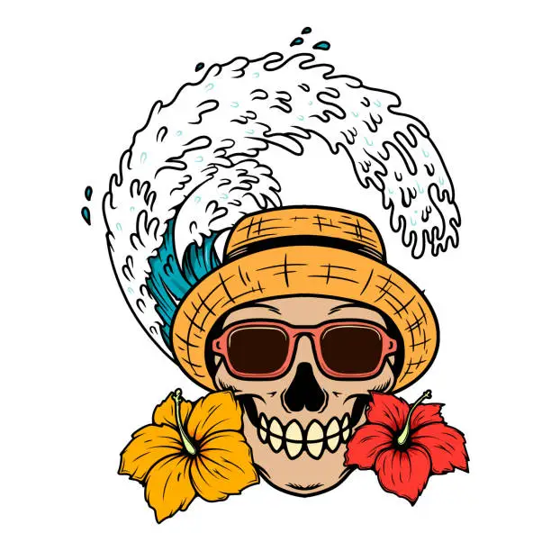 Vector illustration of Illustration of skull in sunglasses, straw hat. Summer flowers and palm leaves. Summer theme. Vector illustration