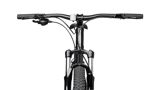 Black mountain bicycle isolated on white background close up
