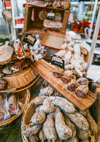 December 23, 2023, Cahors, France:Local sausages and truffles for sale at the weekend market. Street markets in Cahors are held every Wednesday and Saturday. Local people and tourists come along to buy local produce on the bustling stalls.