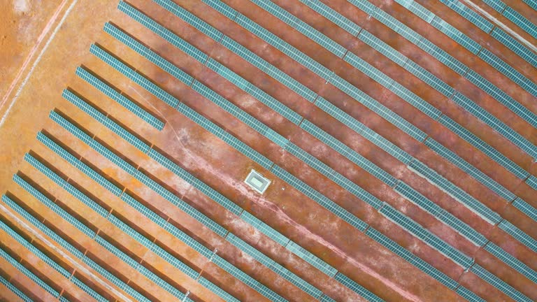 Aerial view of solar panels stand in a row in the fields green energy landscape .