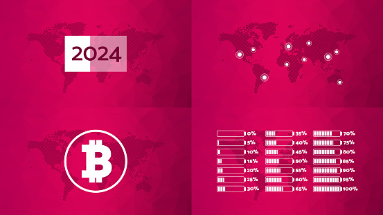 2024 year infographics, 5 to 100 percentage, Bitcoin icon, map pointers. Triangle background for landing page, web, template, sample, global presentation, business elements