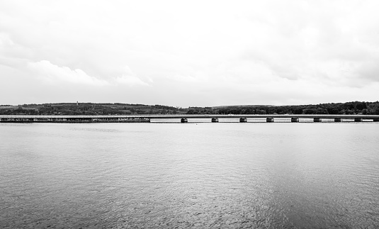 View of the Möhnesee and the surrounding landscape in the evening. Nature near Körbecke.