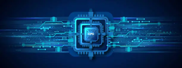 Vector illustration of Futuristic microchip processor with lights on the blue background. Quantum computer, large data processing, database concept.