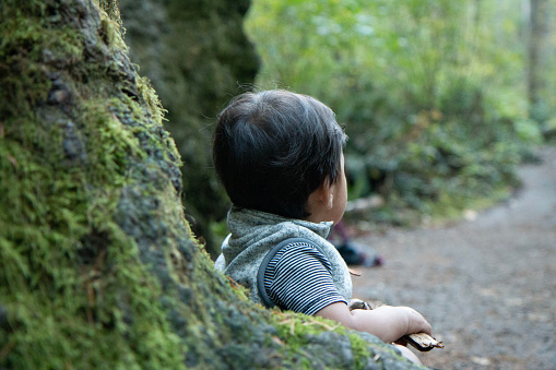 Toddler boy with a stick in his hand sitting by a tree, taking a break from hiking.