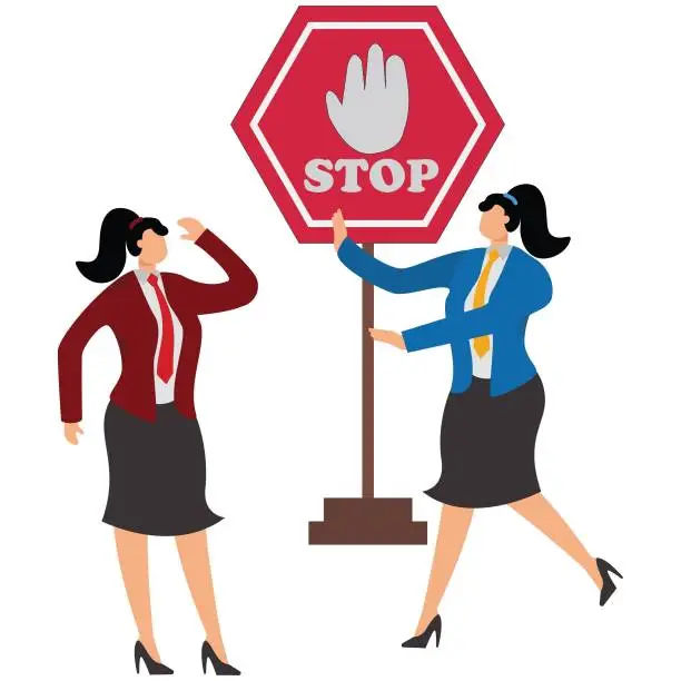 Vector illustration of Stop here, Businesswoman, can only stop here, they cannot reach the other end