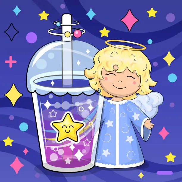 Vector illustration of A cute cartoon angel is holding a big drink.