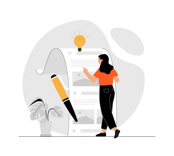 Vector illustration of Copywriter, content manager, blogger write for social networks. Woman create promotion in social networks and interesting content. Illustration with people scene in flat design for website and mobile