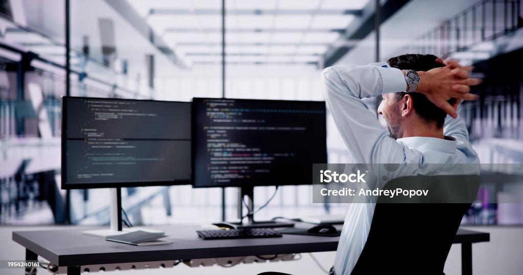 Happy Excited Male Programmer Raising Stock Photo - Download Image Now ...