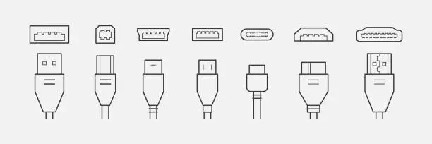 Vector illustration of Cable connectors and plugs line icons set . USB, HDMI, ethernet icon set. Mini, micro, lightning, type A, B, C connectors. Vector illustration white background
