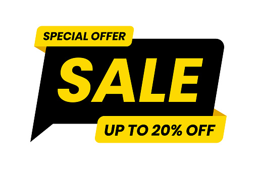 Special offer sale up to 20 percent off. Black and yellow template on white background. Vector illustration