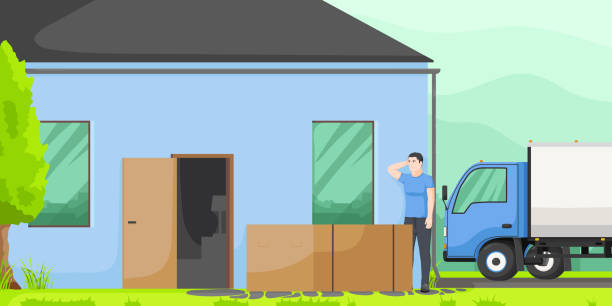 illustrazioni stock, clip art, cartoni animati e icone di tendenza di moving company, delivery service, worker holding furniture, package moving, van shipping, male courier, home box shipment. blue house street. vector illustration - truck moving van moving house box