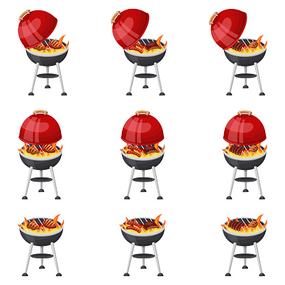 A barbecue grill set, a red-hot grill with cooking meat. Vector illustration on a white background.
