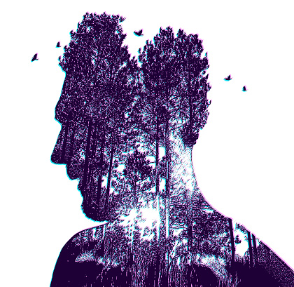 Vector illustration Multiple Exposure of young man and nature with Glitch Technique