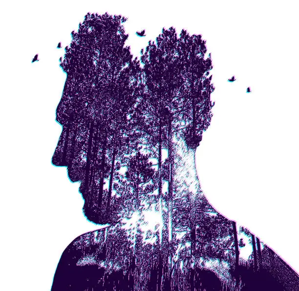 Vector illustration of Multiple Exposure of young man and nature with Glitch Technique