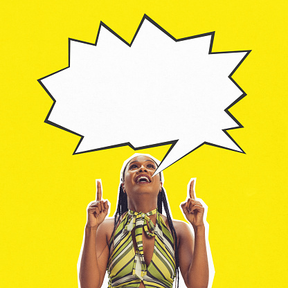 Emotional and excited young woman looking upward on empty speech bubble on vivid yellow background. News, sales. Contemporary art collage. Concept of human emotions, lifestyle. Magazine style